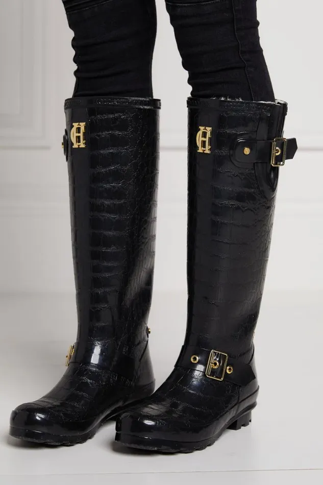Women Sherpa Lined Regency Wellington Black Croc Holland Cooper Wellington Boots