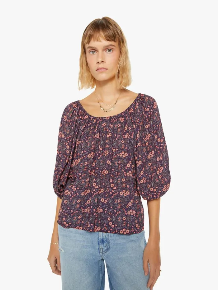 Women Shirts Mother Denim Ella Top Petite Fleur Print Aubergine