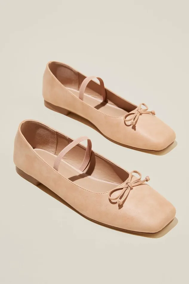 Women Shoes and Slippers Cotton On Gia Square Ballet Beige Pink Distressed Vegan Leather
