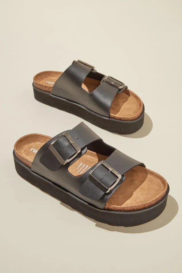Women Shoes and Slippers Cotton On Rex Flatform Buckle Slide Black Smooth