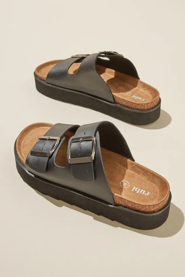 Women Shoes and Slippers Cotton On Rex Flatform Buckle Slide Black Smooth