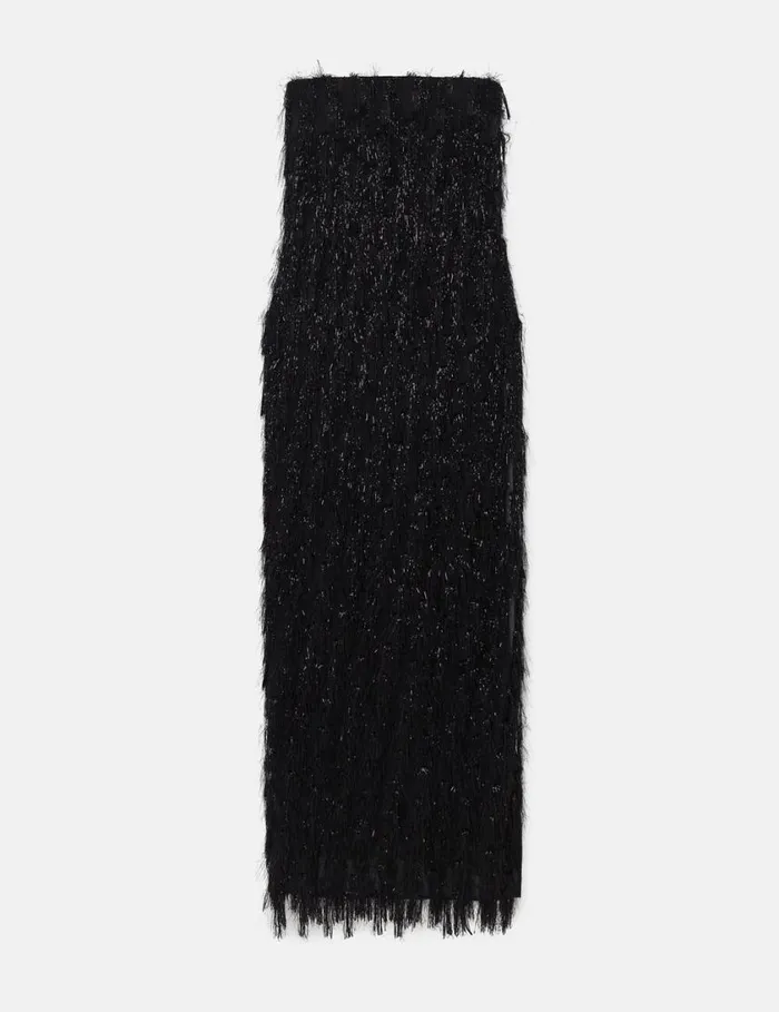 Women Sleeveless Glitter Tassel Maxi Dress Black Glitter Stella McCartney Dresses