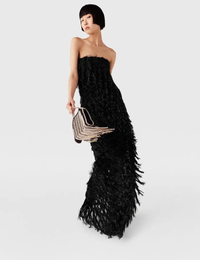 Women Sleeveless Glitter Tassel Maxi Dress Black Glitter Stella McCartney Dresses
