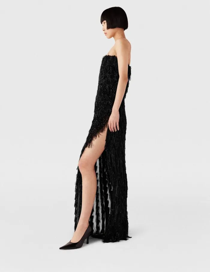 Women Sleeveless Glitter Tassel Maxi Dress Black Glitter Stella McCartney Dresses
