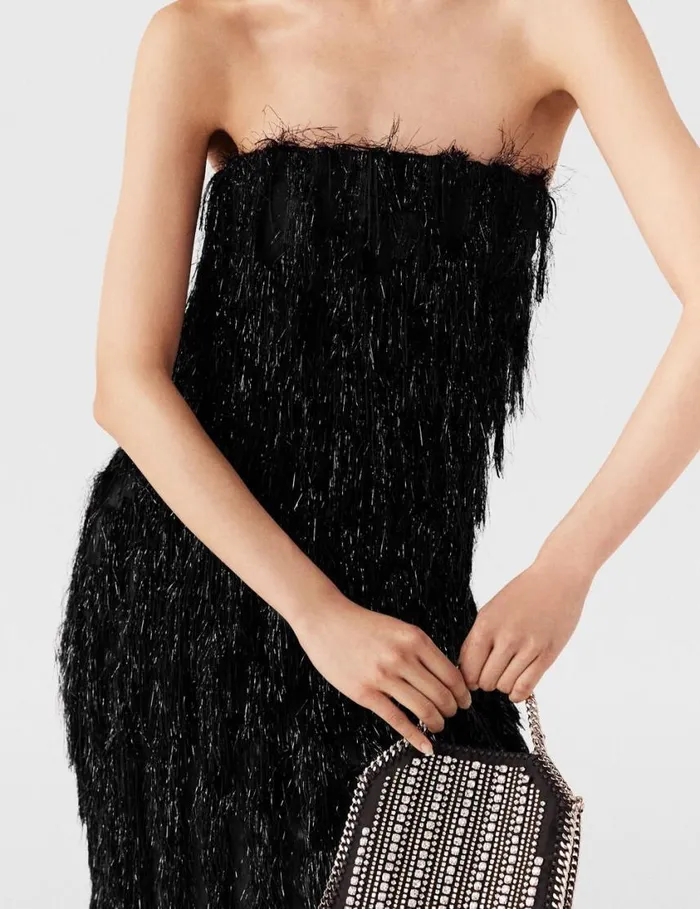 Women Sleeveless Glitter Tassel Maxi Dress Black Glitter Stella McCartney Dresses