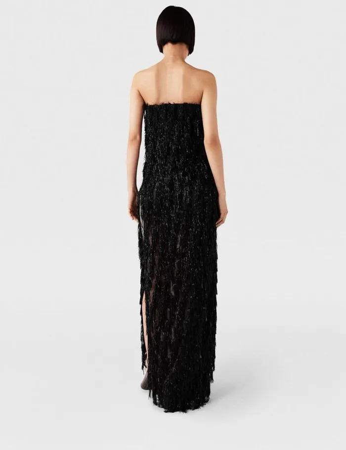 Women Sleeveless Glitter Tassel Maxi Dress Black Glitter Stella McCartney Dresses
