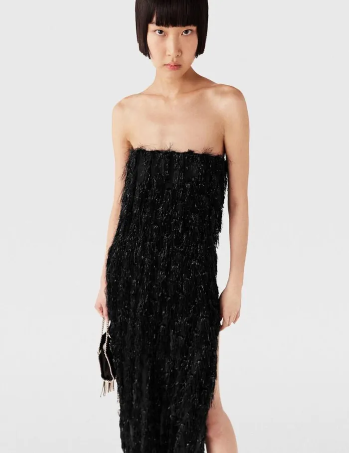 Women Sleeveless Glitter Tassel Maxi Dress Black Glitter Stella McCartney Dresses