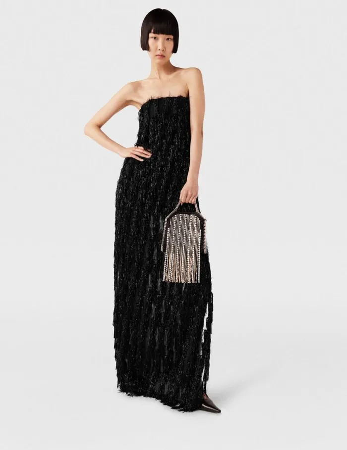 Women Sleeveless Glitter Tassel Maxi Dress Black Glitter Stella McCartney Dresses
