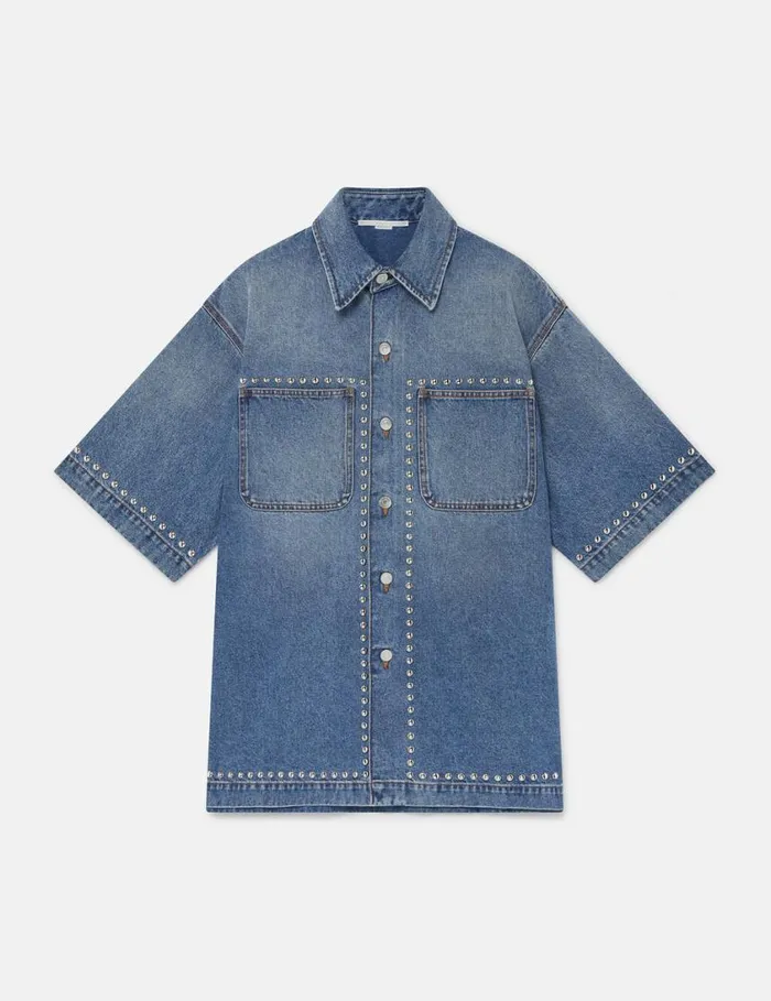 Women Studded ShortSleeve Denim Shirt Classic Wash Blue Denim Stella McCartney Shirts And Tops
