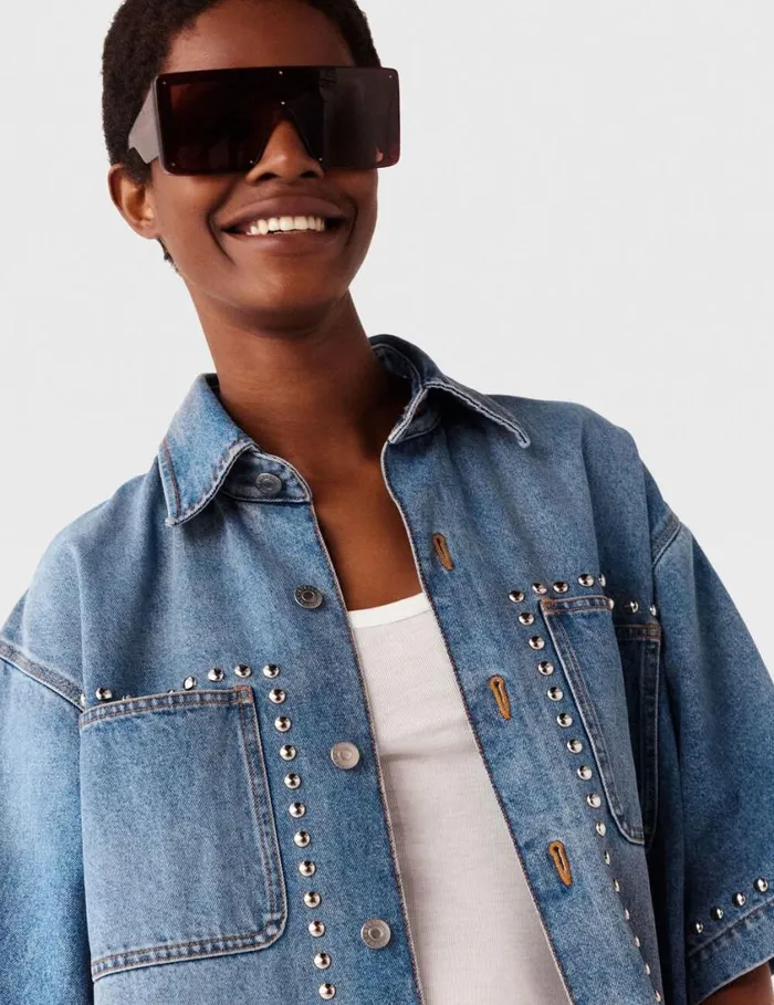 Women Studded ShortSleeve Denim Shirt Classic Wash Blue Denim Stella McCartney Shirts And Tops Women Studded ShortSleeve Denim Shirt Classic Wash Blue Denim Stella McCartney Shirts And Tops