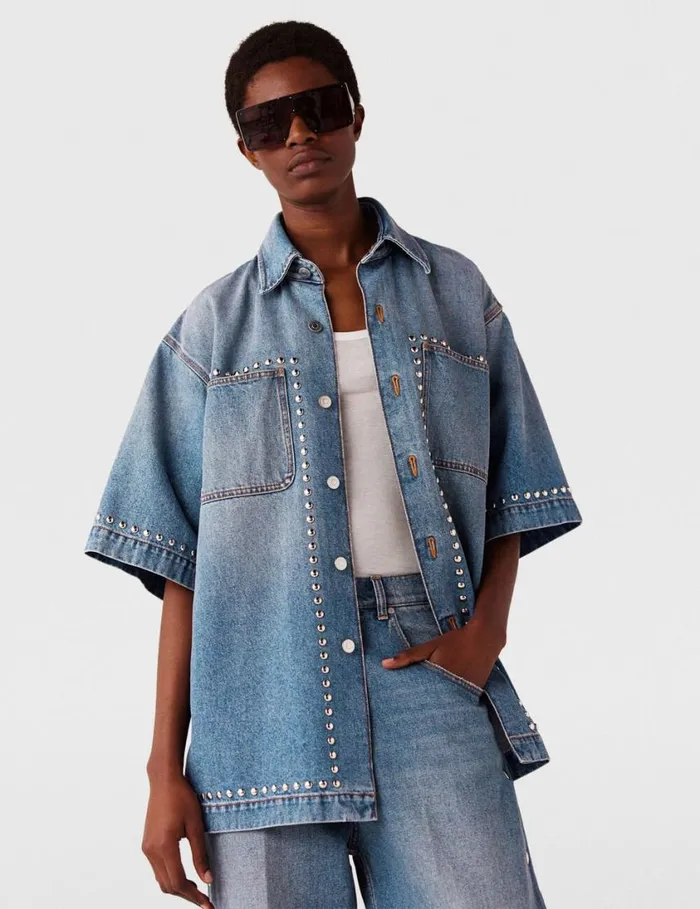 Women Studded ShortSleeve Denim Shirt Classic Wash Blue Denim Stella McCartney Shirts And Tops Women Studded ShortSleeve Denim Shirt Classic Wash Blue Denim Stella McCartney Shirts And Tops