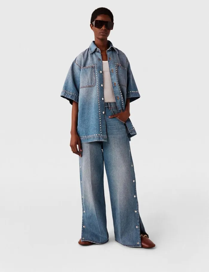 Women Studded ShortSleeve Denim Shirt Classic Wash Blue Denim Stella McCartney Shirts And Tops Women Studded ShortSleeve Denim Shirt Classic Wash Blue Denim Stella McCartney Shirts And Tops