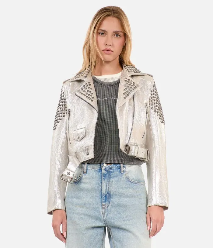 Women Studded Silver Leather Jacket THE KOOPLES Coats and Jackets