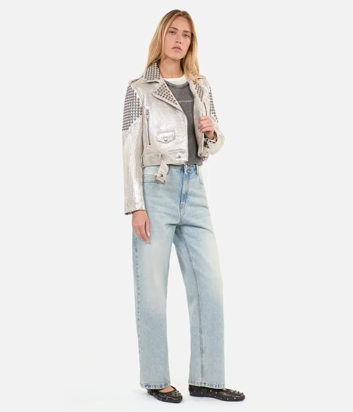 Women Studded Silver Leather Jacket THE KOOPLES Coats and Jackets