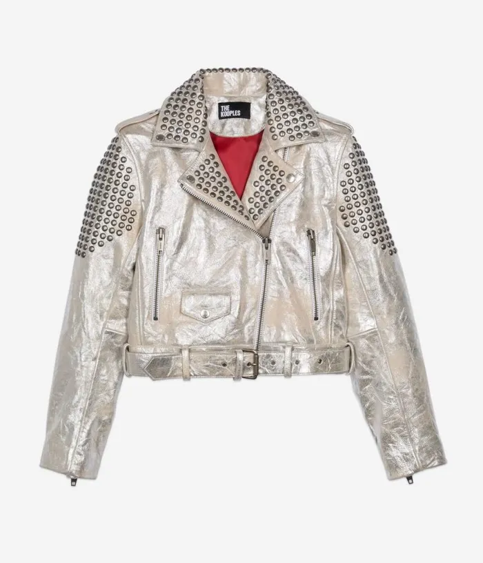 Women Studded Silver Leather Jacket THE KOOPLES Coats and Jackets