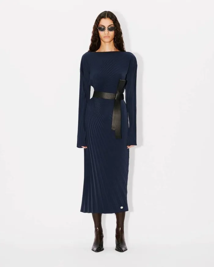 Women Sunray Pleats Long Dress Blue Black Kenzo Dresses And Skirts