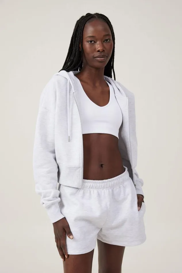 Women Sweats and Hoodies Cotton On Plush Essential Cropped Zip Through Cloudy Grey Marle