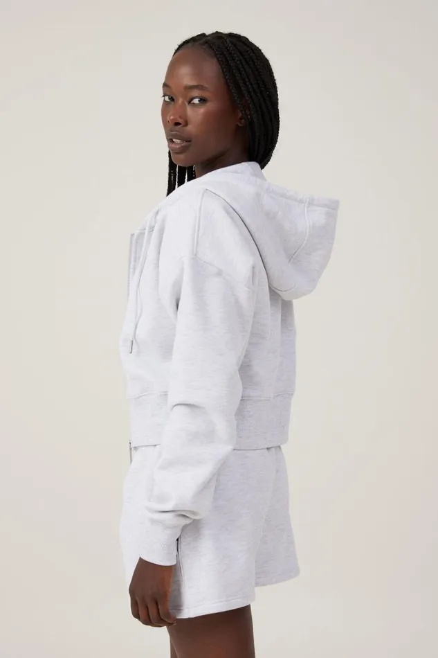 Women Sweats and Hoodies Cotton On Plush Essential Cropped Zip Through Cloudy Grey Marle