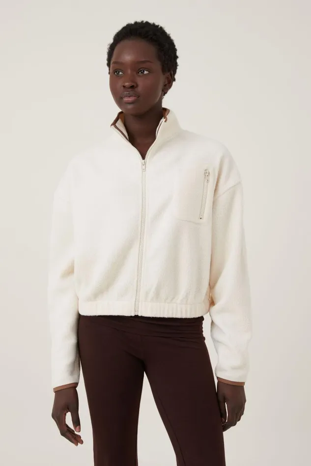 Women Sweats and Hoodies Cotton On Teddy Fleece Cropped Zip Through Natural