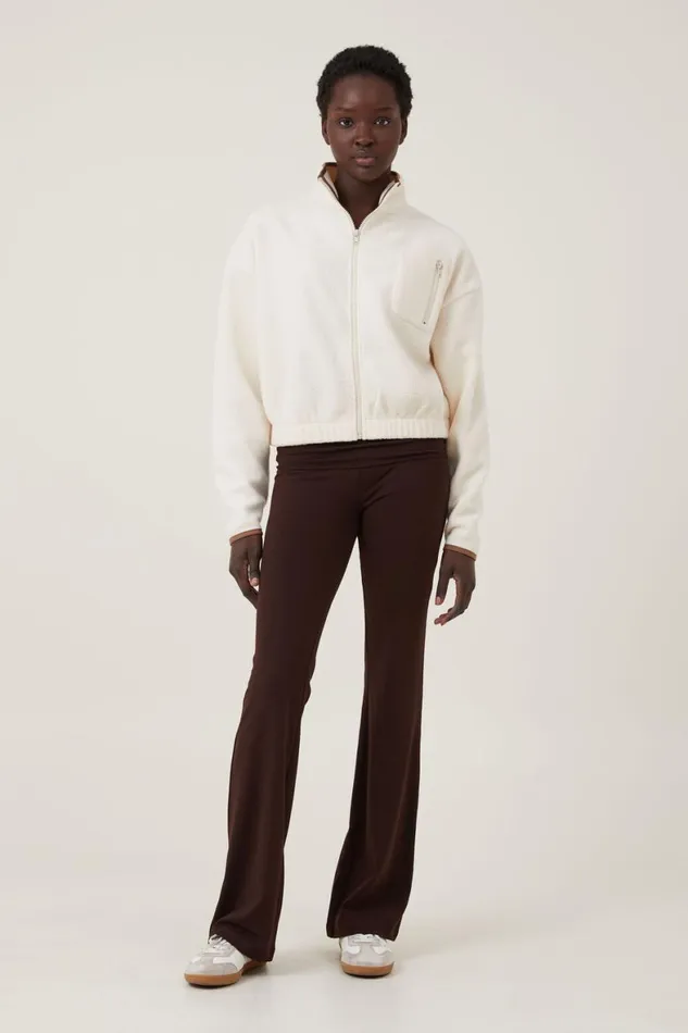 Women Sweats and Hoodies Cotton On Teddy Fleece Cropped Zip Through Natural
