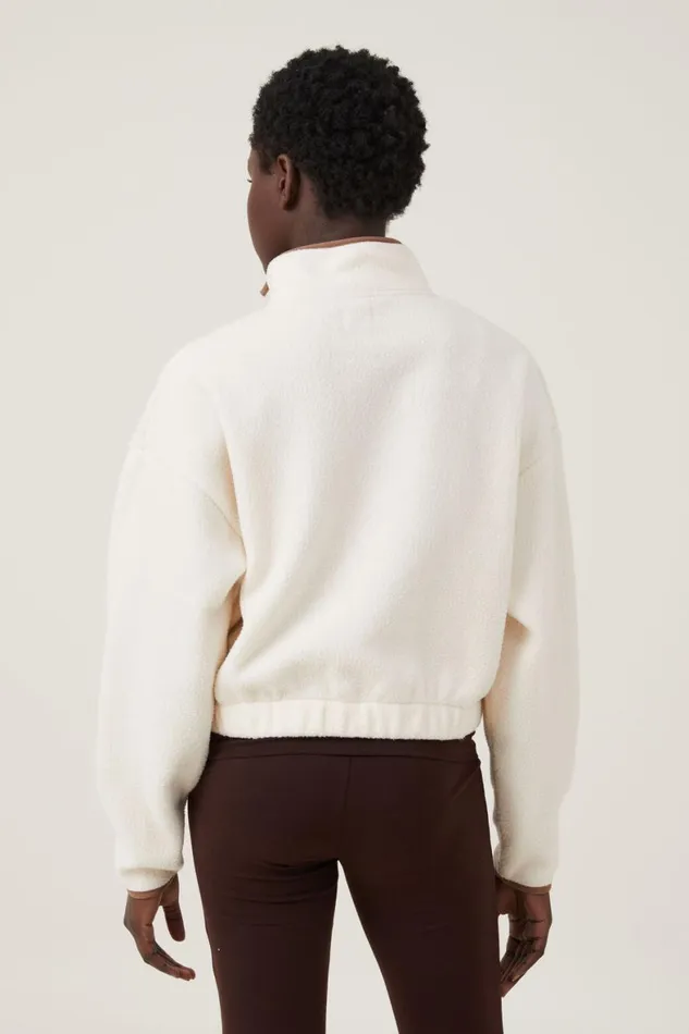 Women Sweats and Hoodies Cotton On Teddy Fleece Cropped Zip Through Natural