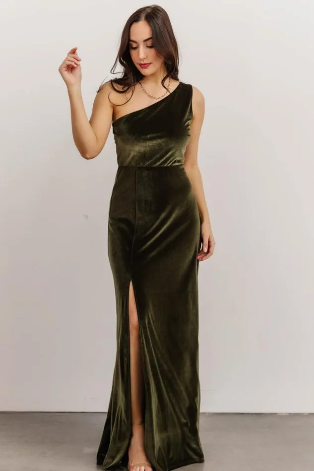 Women Tatiana Velvet One Shoulder Maxi Dress Olive Baltic Born The Guest Edit