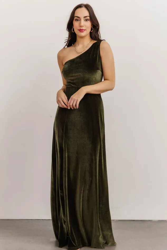 Women Tatiana Velvet One Shoulder Maxi Dress Olive Baltic Born The Guest Edit