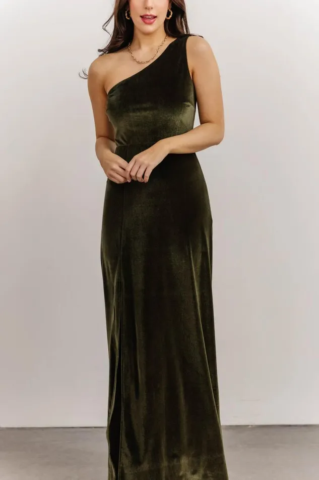 Women Tatiana Velvet One Shoulder Maxi Dress Olive Baltic Born The Guest Edit