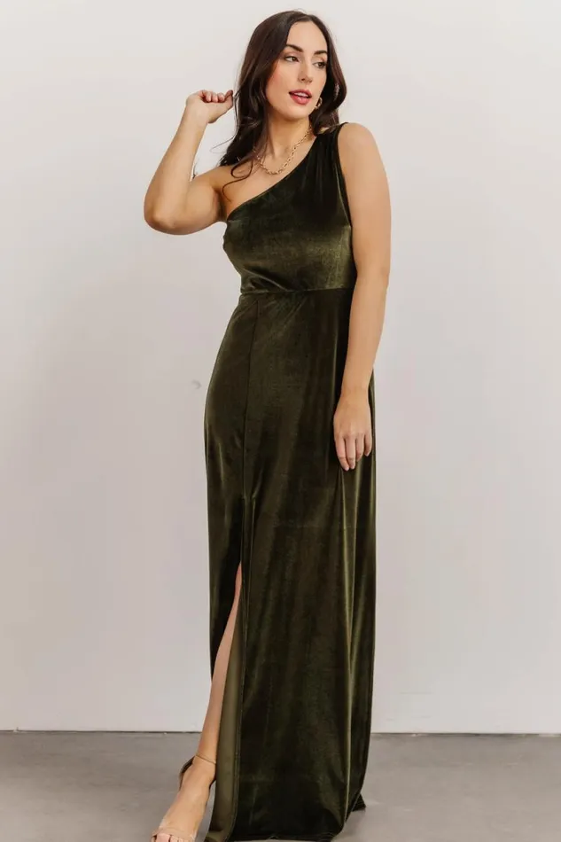 Women Tatiana Velvet One Shoulder Maxi Dress Olive Baltic Born The Guest Edit