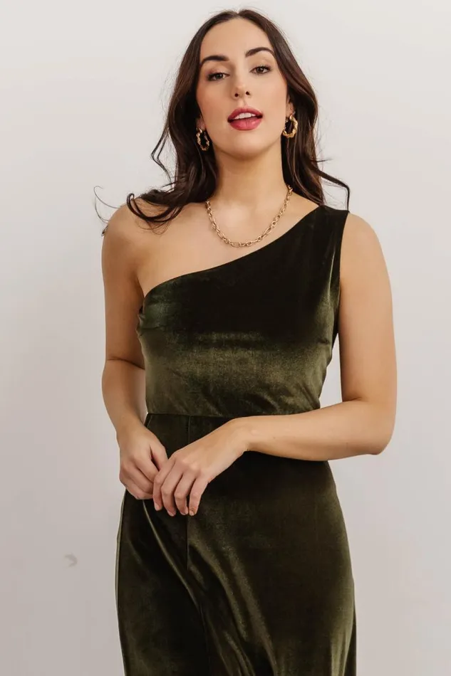 Women Tatiana Velvet One Shoulder Maxi Dress Olive Baltic Born The Guest Edit