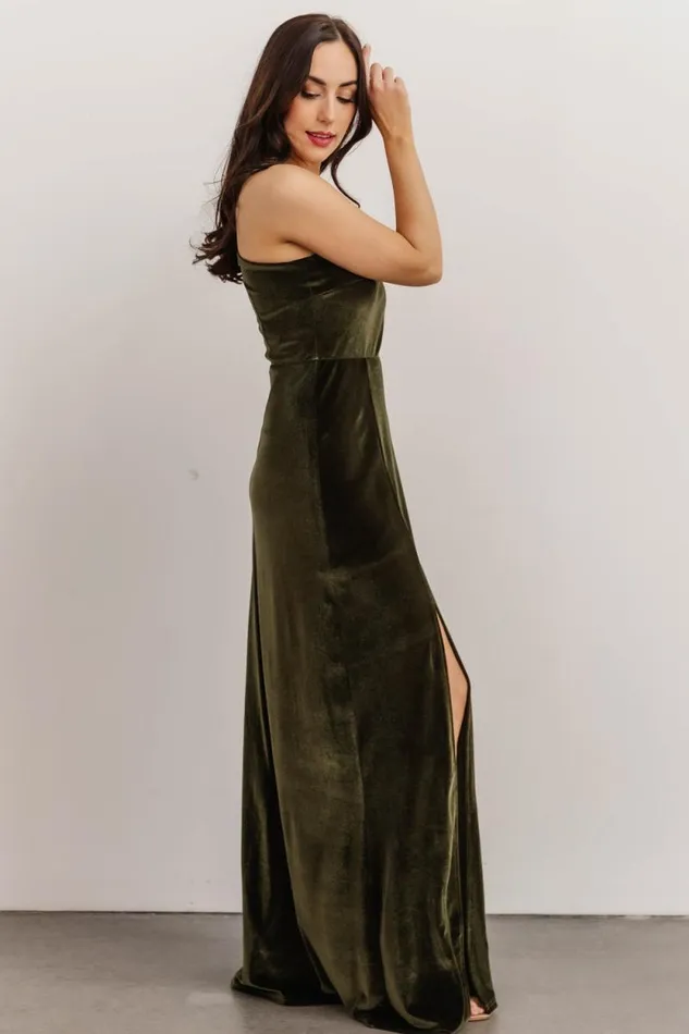 Women Tatiana Velvet One Shoulder Maxi Dress Olive Baltic Born The Guest Edit