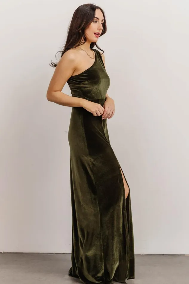 Women Tatiana Velvet One Shoulder Maxi Dress Olive Baltic Born The Guest Edit