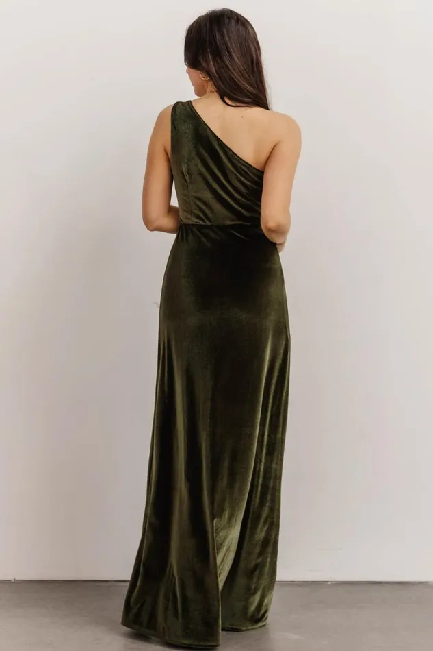 Women Tatiana Velvet One Shoulder Maxi Dress Olive Baltic Born The Guest Edit