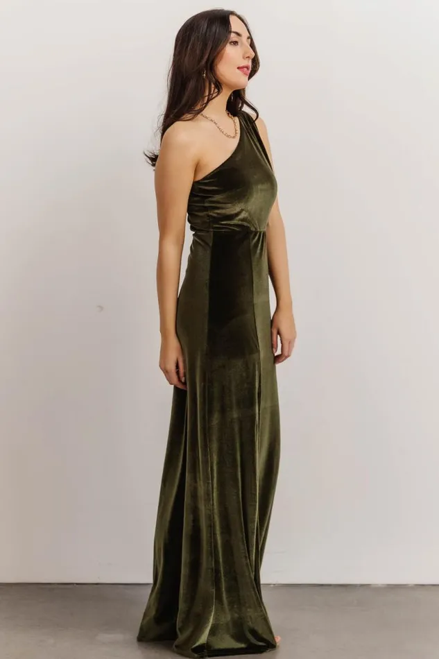 Women Tatiana Velvet One Shoulder Maxi Dress Olive Baltic Born The Guest Edit