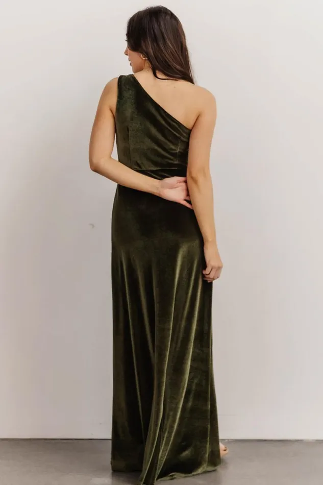 Women Tatiana Velvet One Shoulder Maxi Dress Olive Baltic Born The Guest Edit