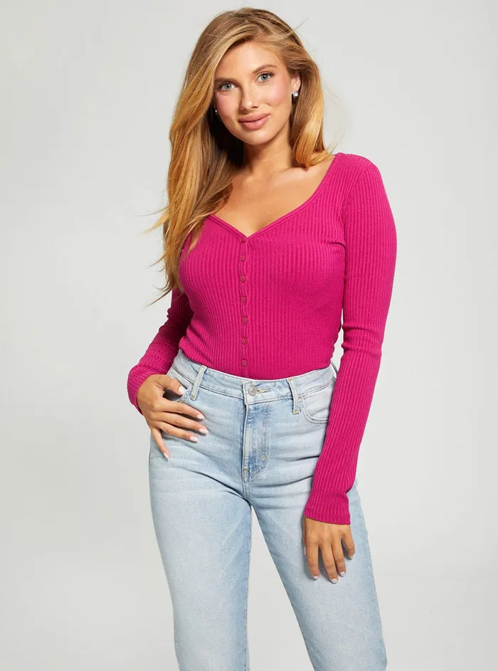 Women Tees and Tanks GUESS Eco Magenta Raylynn Rib Henley Top
