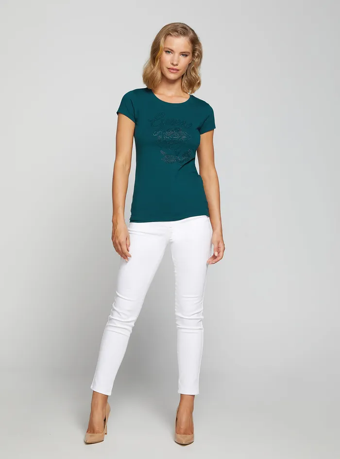 Women Tees and Tanks GUESS Eco Teal Rose Logo Tshirt Women Tees and Tanks GUESS Eco Teal Rose Logo Tshirt
