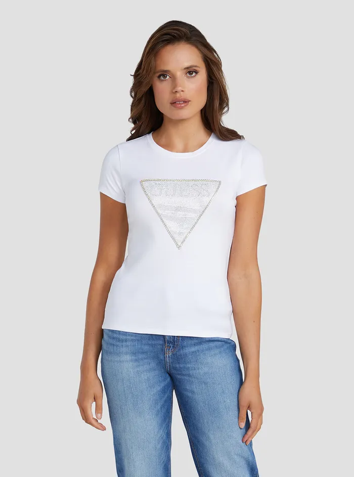 Women Tees and Tanks GUESS Eco White Crystal Logo Tshirt