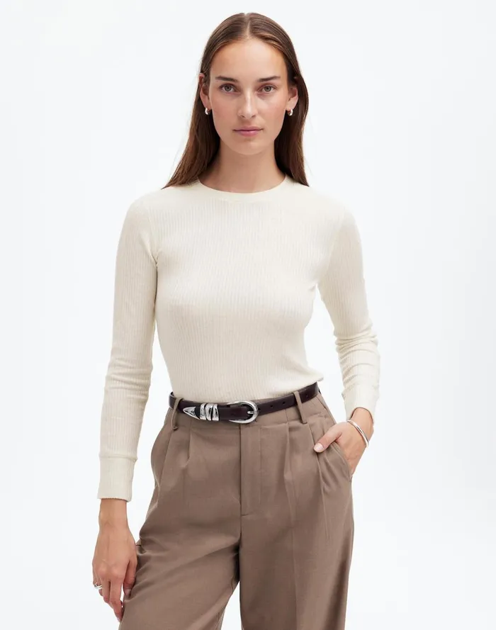 Women Tees Madewell Ribbed Crewneck LongSleeve Tee Hthr Cream