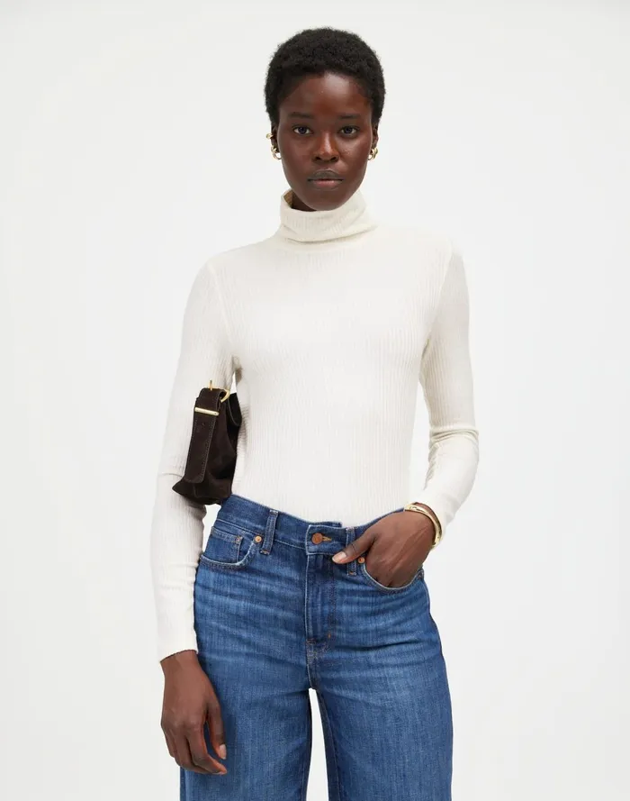 Women Tees Madewell Ribbed Turtleneck LongSleeve Tee Hthr Cream