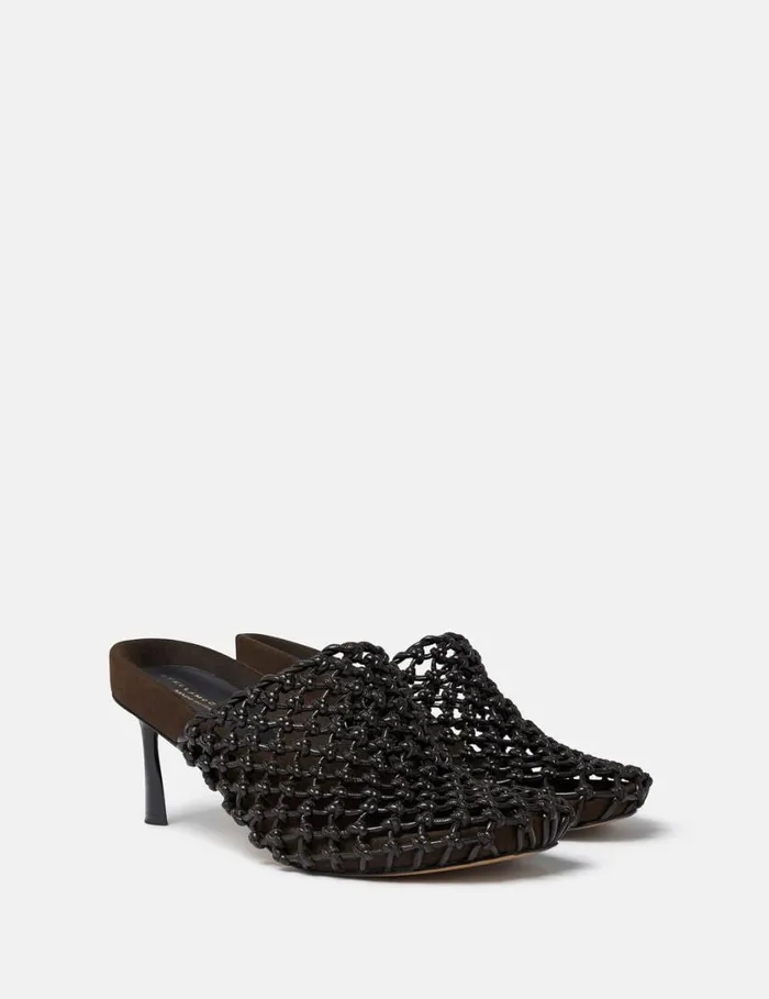 Women Terra Recycled Knotted Net Mules Cocoa Brown Stella McCartney Heels