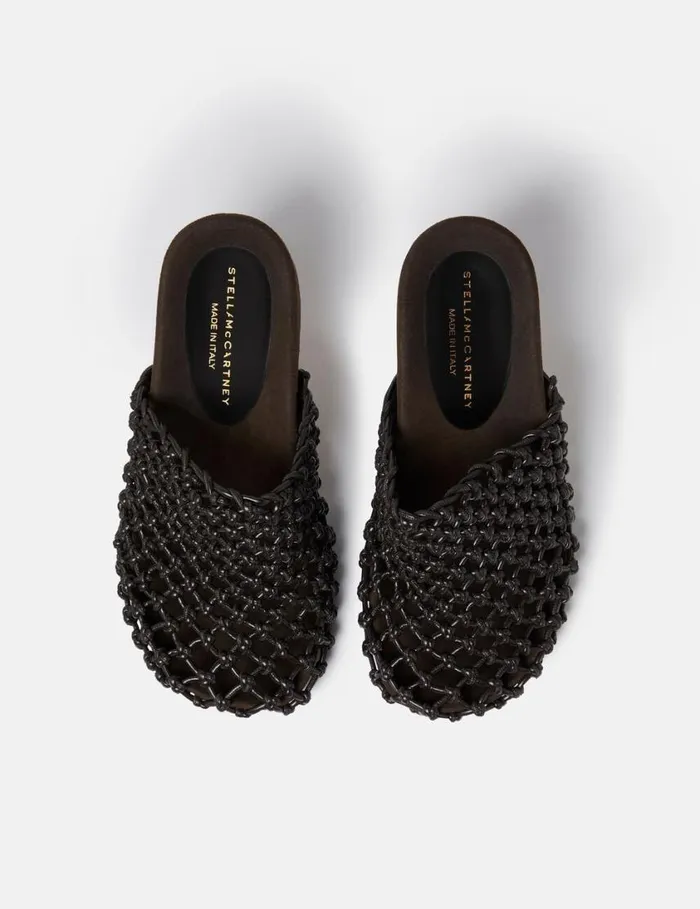 Women Terra Recycled Knotted Net Mules Cocoa Brown Stella McCartney Heels