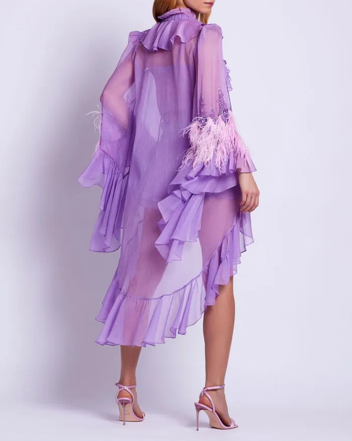 Women Tops and Bodysuits PatBO HandBeaded Ruffle Blouse EXCLUSIVE Lilac