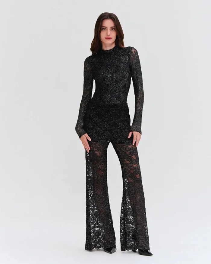 Women Tops and Bodysuits PatBO METALLIC LACE HIGH NECK BODYSUIT Black