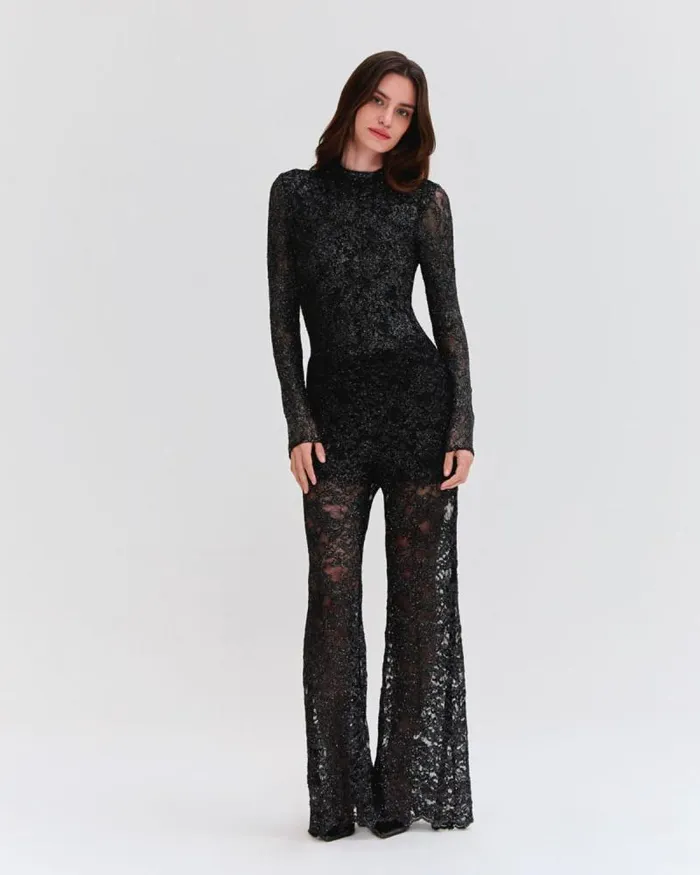 Women Tops and Bodysuits PatBO METALLIC LACE HIGH NECK BODYSUIT Black