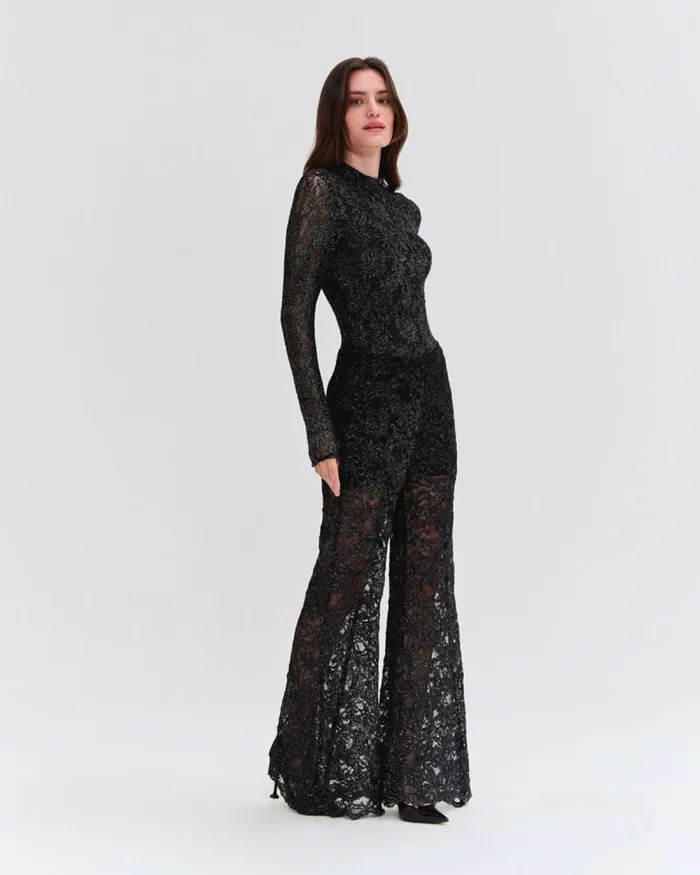 Women Tops and Bodysuits PatBO METALLIC LACE HIGH NECK BODYSUIT Black