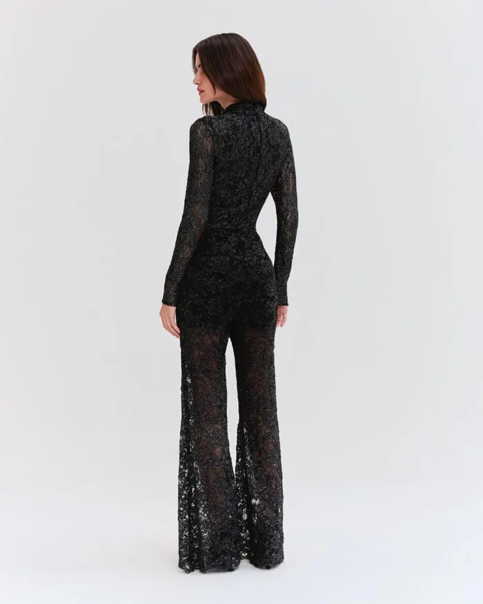 Women Tops and Bodysuits PatBO METALLIC LACE HIGH NECK BODYSUIT Black