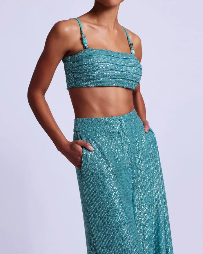 Women Tops and Bodysuits PatBO Sequin Cropped Top FINAL SALE Aqua