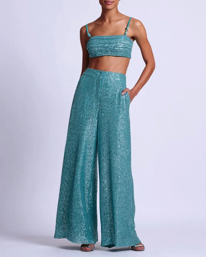 Women Tops and Bodysuits PatBO Sequin Cropped Top FINAL SALE Aqua