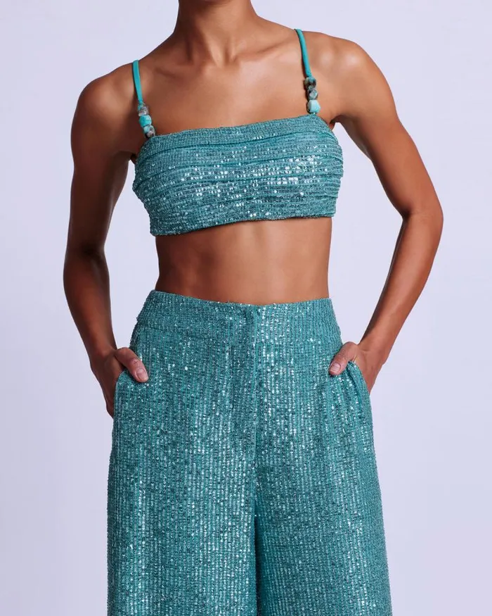 Women Tops and Bodysuits PatBO Sequin Cropped Top FINAL SALE Aqua